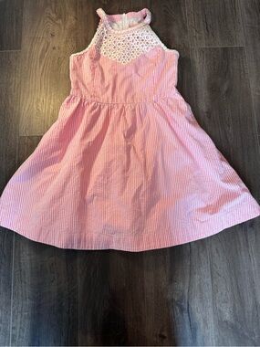 Lilly Pulitzer Girls Size 14 Pink White Stripe Eyelet Dress Fit Flare Sleeveless